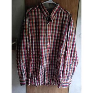 State of Art Mens Plaid Button Up Shirt XL Red Orange Navy Regular Fit Logo